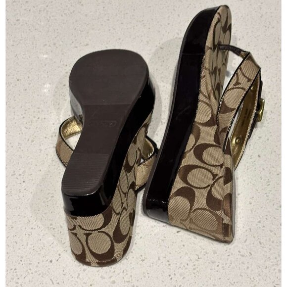Coach Gracy Women’s Signature Logo Wedge Sandals Platform Thong Brown Size 7.5M - Picture 5 of 11